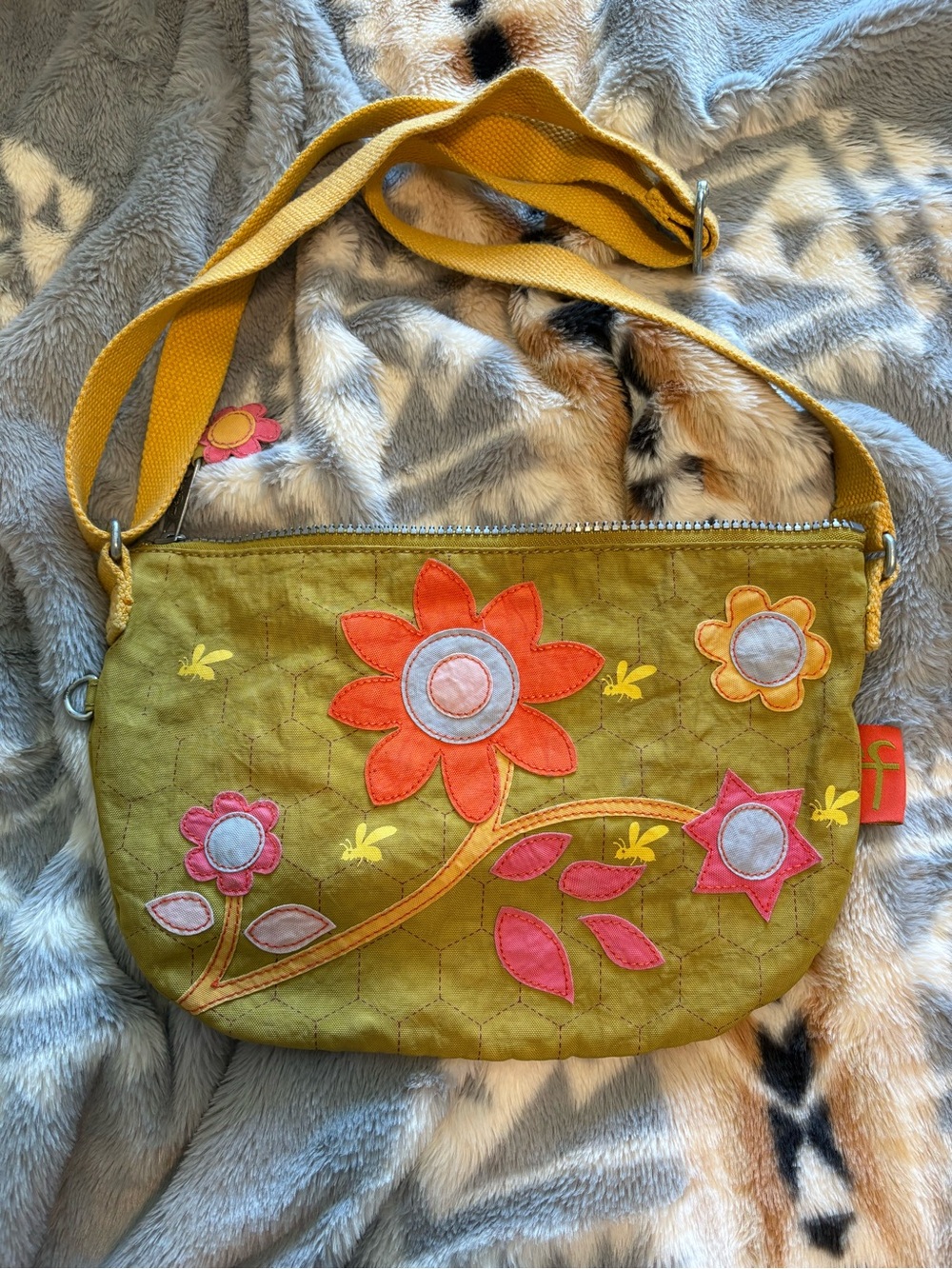 Kipling Olive Green Floral Appliqué Shoulder Bag with Yellow Strap